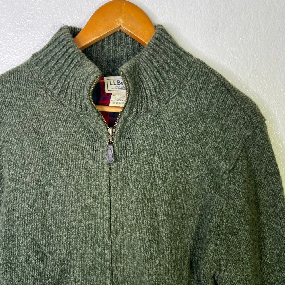 LL Bean Mens Lambswool Flannel Lined Full Zip Sweater Green Size Medium